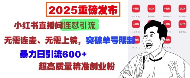 2025重磅发布：小红书直播间连怼引流，无需连麦、无需上镜，突破单号限制，暴力日引流600+网赚项目-副业赚钱-互联网创业-资源整合-私域引流-黑科技软件-引流软件哲客网创