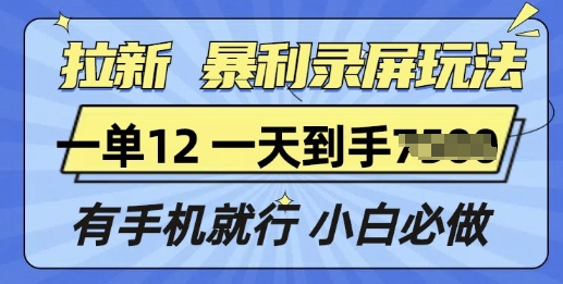 拉新暴利录屏玩法，一单12块，有手机就行，小白必做网赚项目-副业赚钱-互联网创业-资源整合-私域引流-黑科技软件-引流软件哲客网创