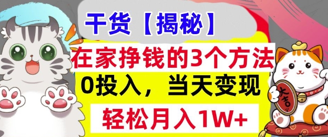 在家挣钱的3个方法，0投入，当天变现，轻松月入过W网赚项目-副业赚钱-互联网创业-资源整合-私域引流-黑科技软件-引流软件哲客网创